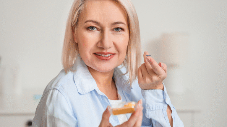 Lentilles de contact et sécheresse oculaire : une femme tient une lentille de contact sur son doigt.