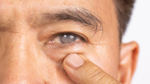 A close up of a man with an early cataracts.